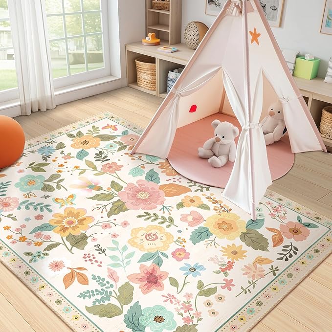 Floral 4x6 Area Rug Machine Washable Soft Print Boho Carpet Non Slip Doormat Low Pile Flower Area Rugs for Living Room Bedroom Nursery Kitchen Dining Room Indoor-Beige/White/Orange