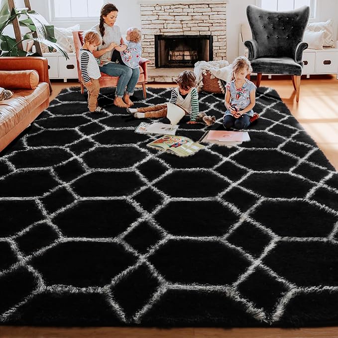ONASAR 5x7 Area Rugs for Living Room Bedroom, Fluffy Black and White Rug - Image 8