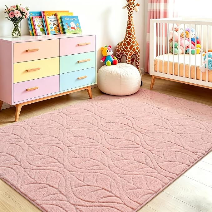 3x5 Pink Washable Area Rug for Girls Bedroom, Leaf Geometric Patter Shag - Image 4