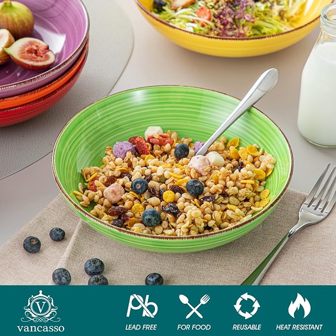 vancasso Bonita Pasta Bowls Set of 6, 38 oz Shallow Ceramic Bowls - Image 3