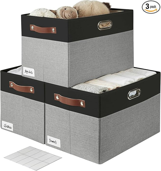 Large Collapsible Fabric Storage Bins with 3 Handles, Foldable Organizer Baskets for Closet, Shelves, Living Room | 3 Pack, Durable PU & Metal Handles (17"x11.8"x11.8", Black & Gray)