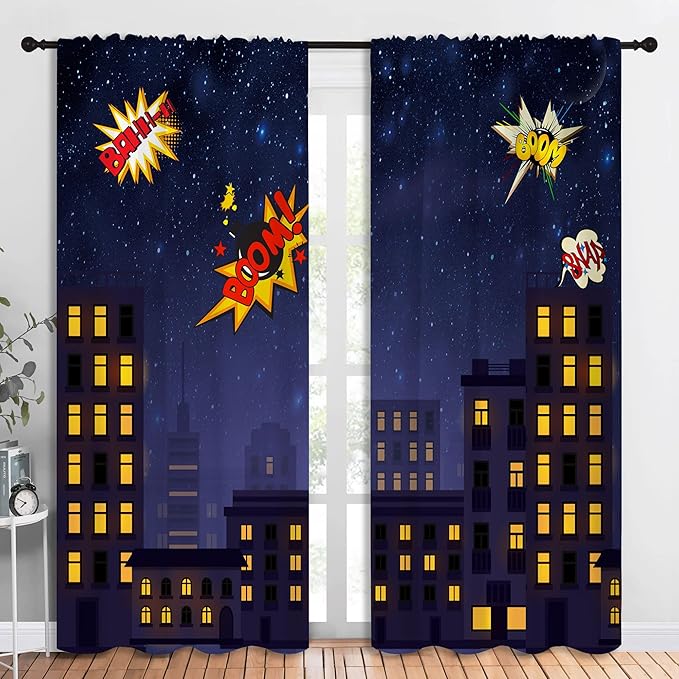 Super Hero Rod Pocket Blackout Curtains for Boy Girl Bedroom, Exploding City Starry Cartoon Skyline Thermal Insulated Home Window Drapes for Living Room Darkening, 84x72 inch
