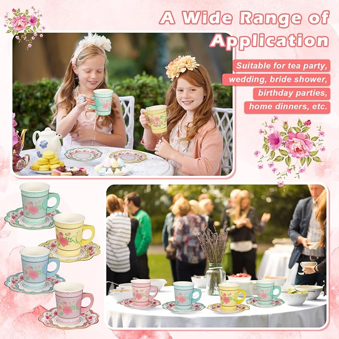 FillTouch 200 Sets Floral Paper Tea Cups and Saucers Disposable Paper Tea Party - Image 7