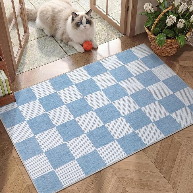 GarveeHome Checkered Light Blue 2x3 Washbale Rug Door Mat Geometric Diamond Dot by GarveeHome