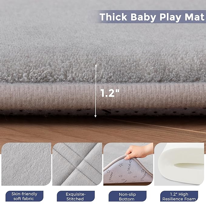 MAXYOYO 1.2" Thick Baby Play Mat for Floor, 36"x60" Foldable Playpen Mat, Tummy Time Foam Mats Ultra Soft Support, Padded Carpet with Non-Slip Backing for Infant,Kids and Toddler Crawling, Grey