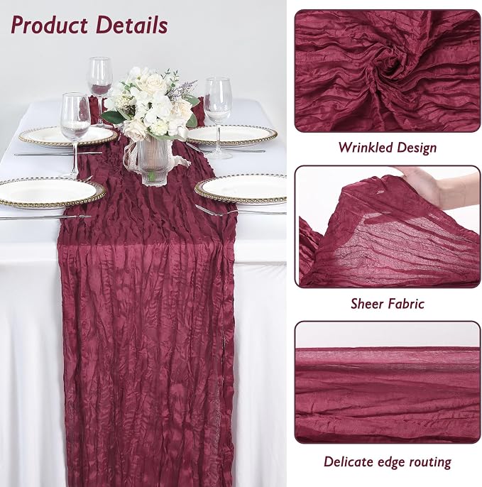 6 Pack Burgundy Red Cheesecloth Table Runner 120 Inch Boho Wedding Decor | - Image 3