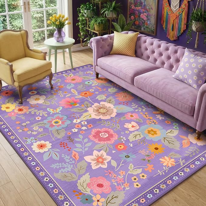 RELEANY Floral 5x7 Area Rugs Washable Print Boho Cute Carpet Non Slip Flower by RELEANY