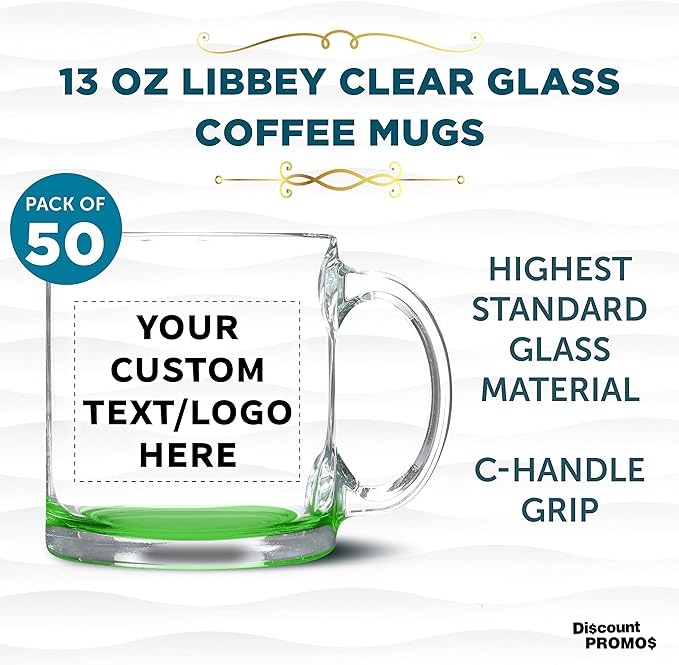 Custom Libbey Clear Glass Coffee Mugs 13 oz. Set of 50, Personalized Bulk Pack - Perfect for Coffee, Tea, Espresso, Hot Cocoa, Other Beverages - Green Bottom