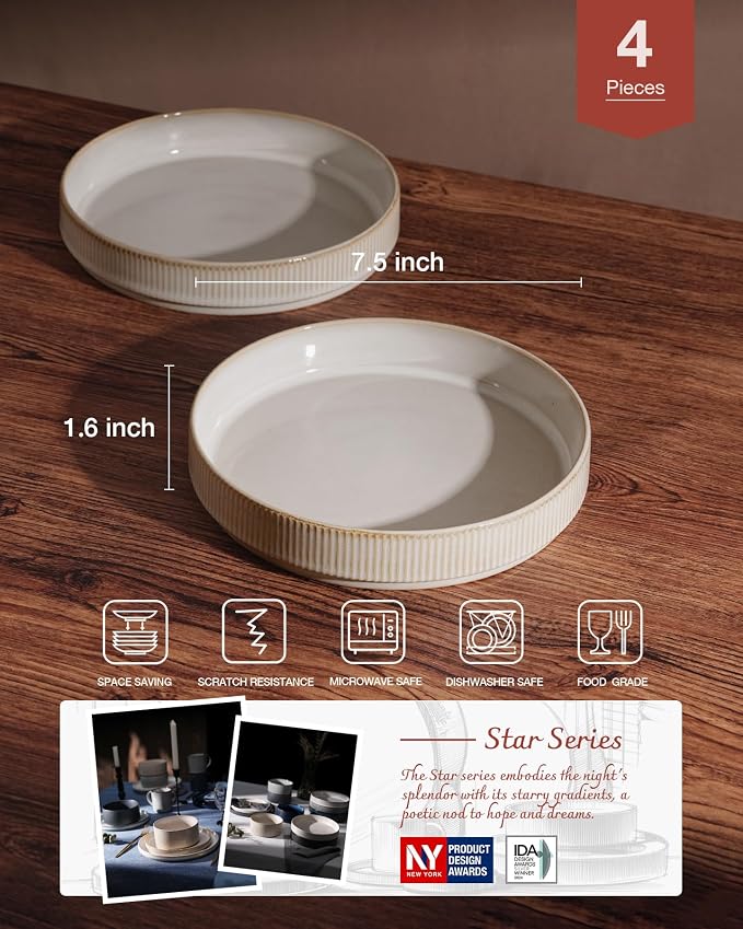 famiware Star 7.5" Pasta Bowls Set of 4, Plate Bowls, Cappuccino White | Double - Image 2