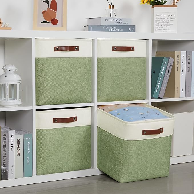 DULLEMELO Storage Baskets for Organizing, Linen Closet Organizers and Storage Baskets for Dog Toy Box, 13 Inch Decorative Cube Storage Bins with handle for Baby Gift Basket(4 Pack - 13" White&Green)