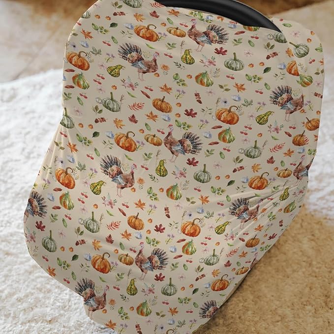 Thanksgiving Turkey Pumpkins Car Seat Covers Vintage Autumn Leaves Stretchy 5-in-1 Cover Adjustable Infant Carseat Cover Canopy Fall Harvest Breathable Nursing Cover-Up