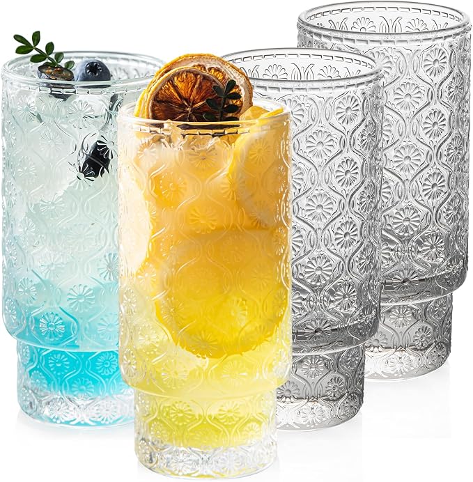 Drinking Glasses Set of 4, 16oz Textured Flower Design Cocktail Glasses by Polishyourdreamlightupthefuture