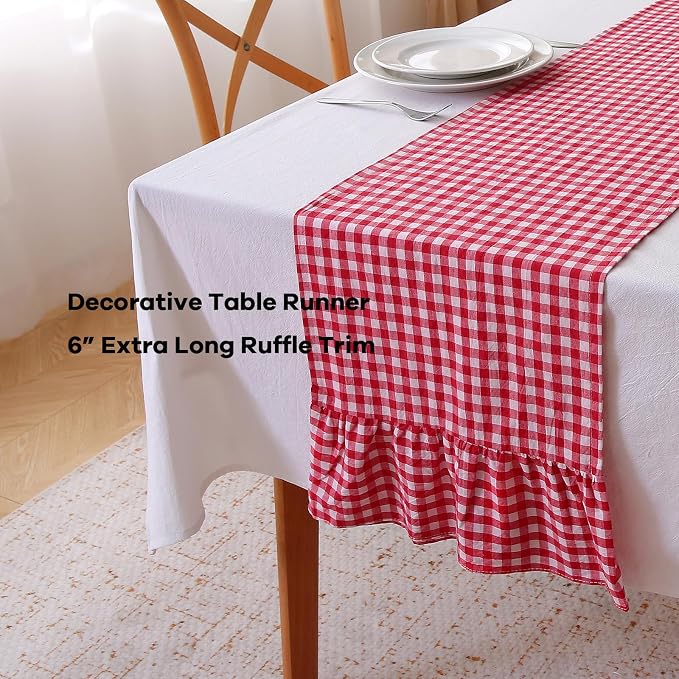 Red White Plaid Gingham Ruffle Table Runner 72 inches Long 100% Washed Cotton - Image 3