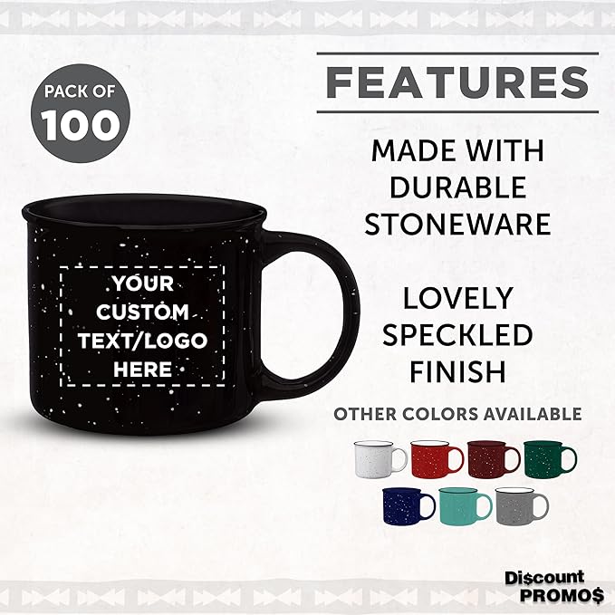 DISCOUNT PROMOS Custom Ceramic Campfire Coffee Mugs 13 oz. Set of 100, Personalized Bulk Pack - Perfect for Tea, Espresso, Cappuccino, Hot Cocoa - Black