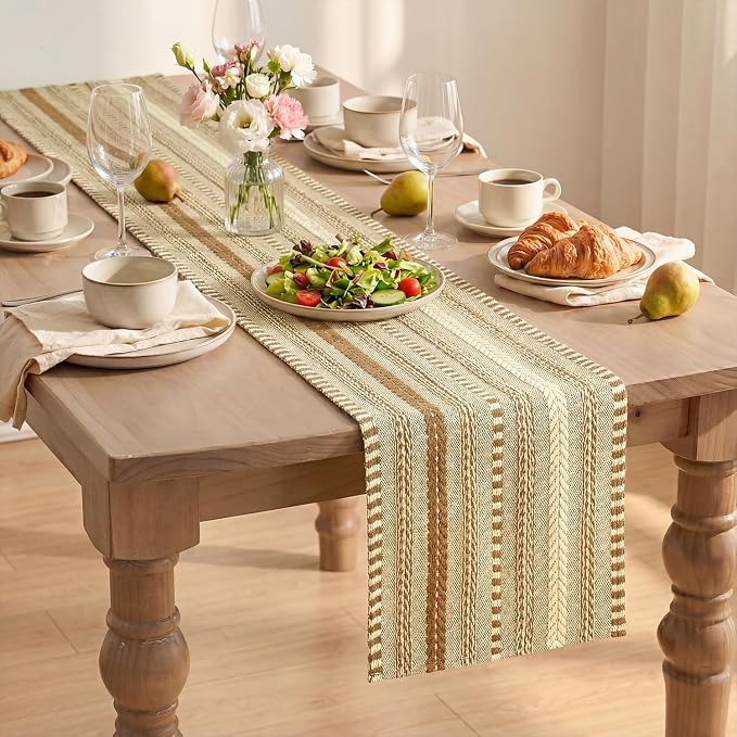 Artoid Mode Coffee Farmhouse Stripe Braided Table Runner 12x108 Inch | Holiday - Image 8