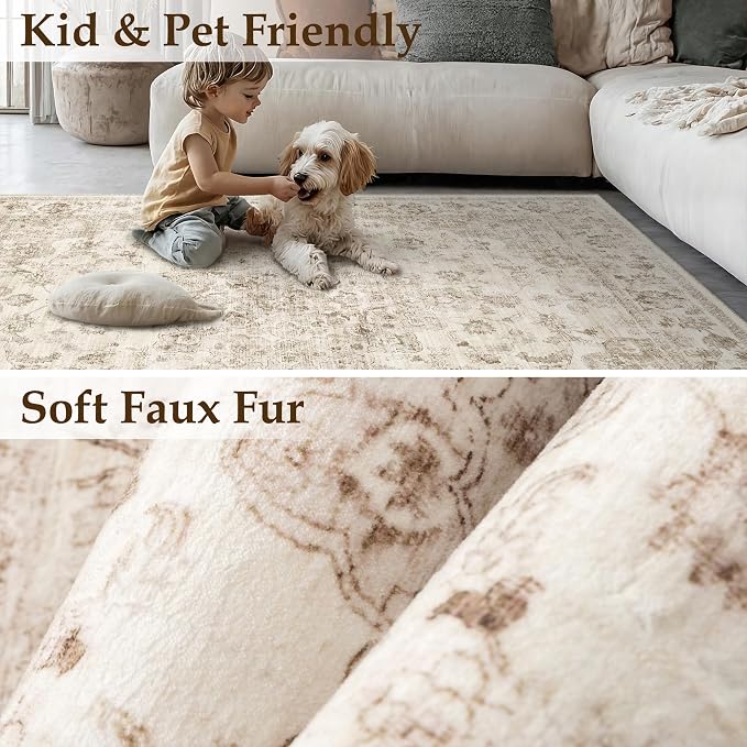 8x10 Washable Neutral Area Rug Beige Vintage Living Room Bedroom Carpet - Image 5