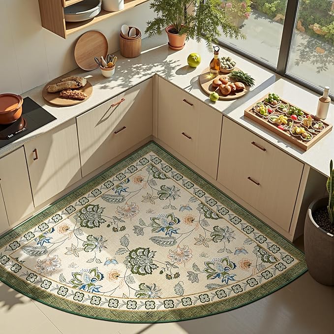 jinchan Floral Corner Rug for Entryway Washable Kitchen Rug Vintage Romance Design Non Slip Quarter Circle Lightweight Low-Pile Throw Carpet for Playroom Reading Nook Nursery, 4ft Radius, Green/Beige