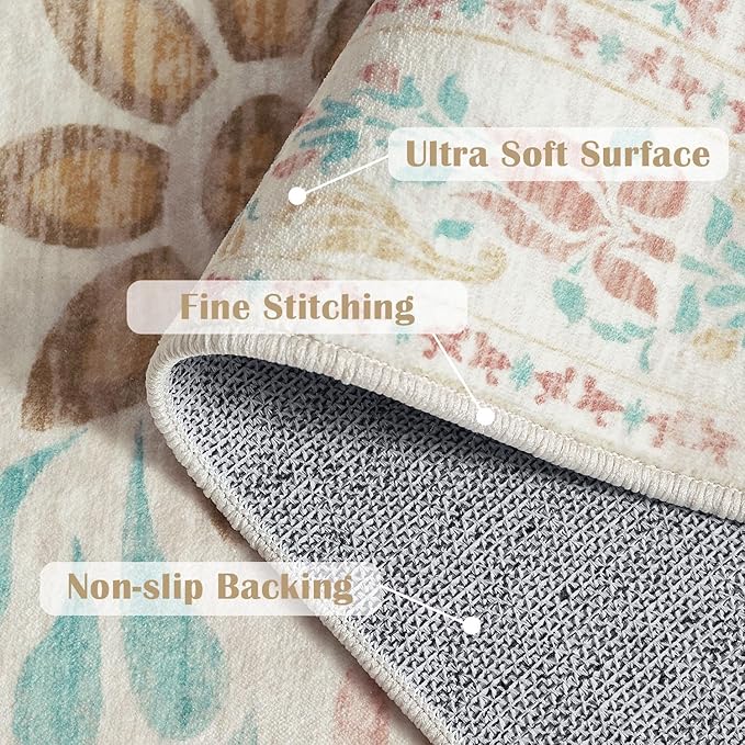 jinchan Floral 4x6 Area Rugs for Nursery - Machine Washable Vintage Distressed Design Soft Ultra-Thin Low-Pile Non-Slip Kids Carpet for Bedroom Living Room Dining Room Home Office (4x6ft,Apricot)