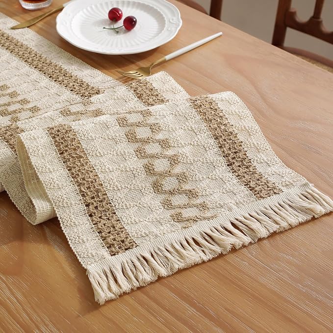Boho Table Runner with Tassels 12 x 144 Inches Long, Cream & Brown Rustic by Niviy