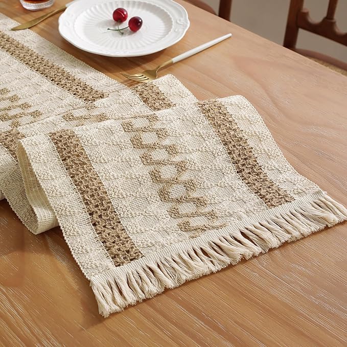 Boho Summer Table Runner with Tassels 12 x 72 Inches Long, Cream & Brown Rustic by Niviy