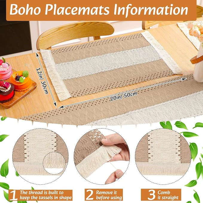 6 Sets Boho Decoration Placemats Round Woven Placemats, Cloth Napkins, Wood - Image 4
