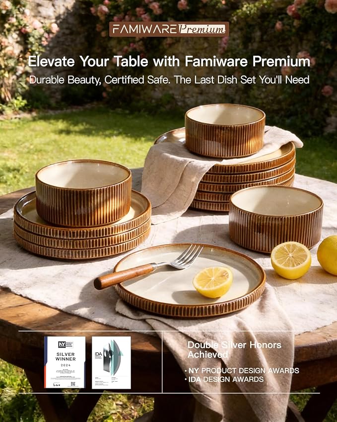 Stoneware Dinnerware Set for 4, Cream Brown Reactive Glaze | 12 pcs Ceramic - Image 8