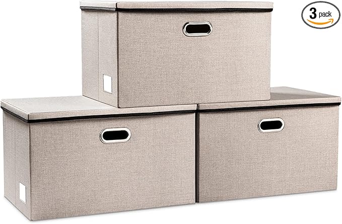 PRANDOM Extra Large Collapsible Storage Bins with Lids [3-Pack] Linen Fabric Foldable Storage Baskets Boxes Organizer Containers Cube with Cover for Bedroom Closet Office Nursery (22.8x15.7x13.8)