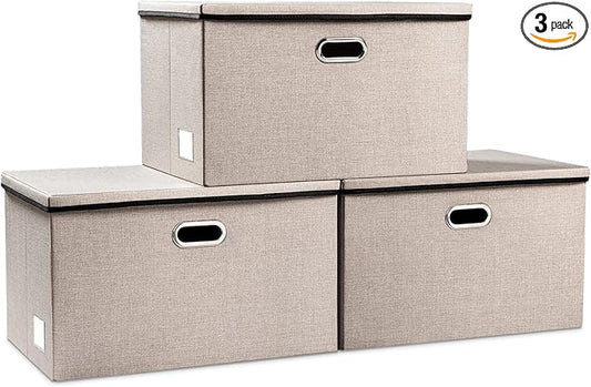 PRANDOM Extra Large Collapsible Storage Bins with Lids [3-Pack] Linen Fabric Foldable Storage Baskets Boxes Organizer Containers Cube with Cover for Bedroom Closet Office Nursery (22.8x15.7x13.8)