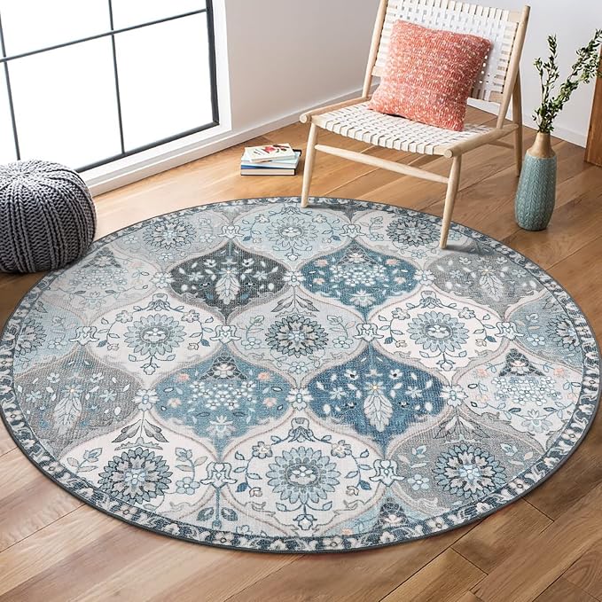Lahome Moroccan Washable Round Rug, Soft Vintage Small Round Rug 3ft Non-Slip by Lahome