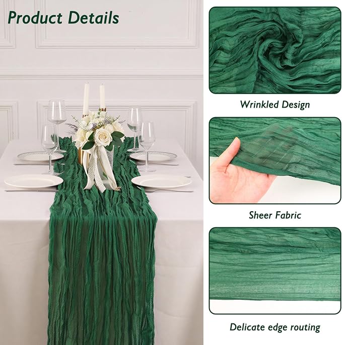 3 Pack Emerald Green Cheesecloth Table Runner 120 Inch Boho Wedding Decor | - Image 3