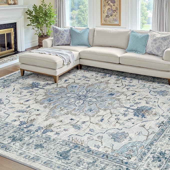 RELEANY Area Rugs 7'x10' Washable Non-Slip, Floral Vintage Distress Medallion by RELEANY