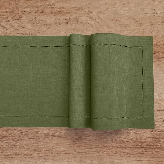Solino Home 100% Pure Linen Dining Table Runner Olive Hemstitch, 14 x 60 in | - Image 4