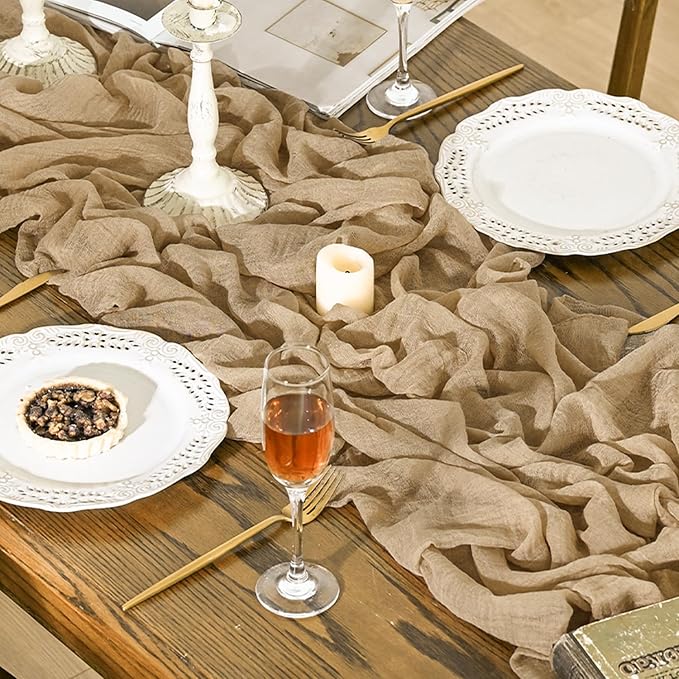 Artoid Mode 6PC Boho Cheesecloth Gauze Sand Wedding Table Runner, 120 Inch - Image 6