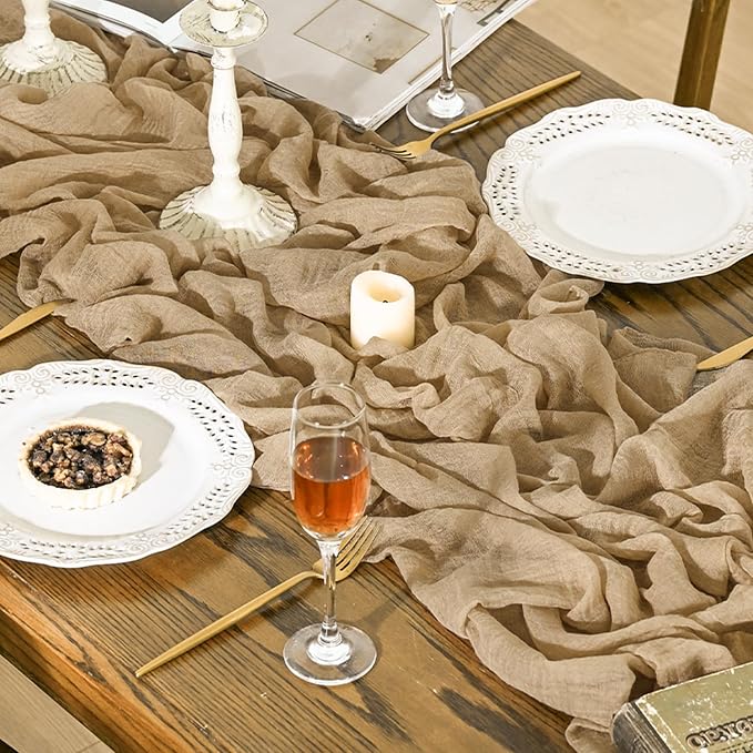 Artoid Mode 3PC Boho Cheesecloth Gauze Sand Wedding Table Runner, 120 Inch - Image 6