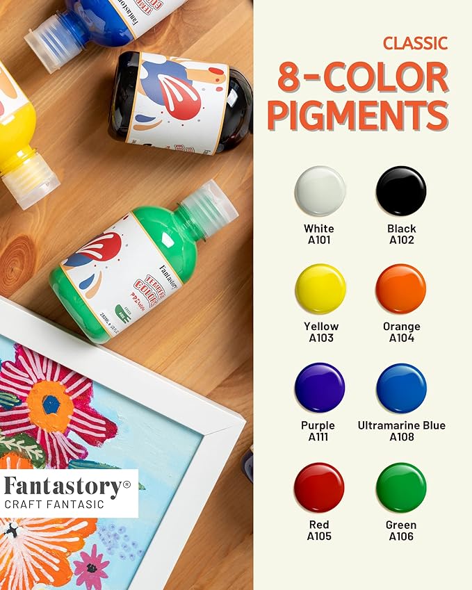 Fantastory Tempera Paint for Kids 8 Colors (8.4 oz Each) Washable, Non-Toxic for Poster and Sponge Painting, Finger and Hand Paint Bottles Gifts