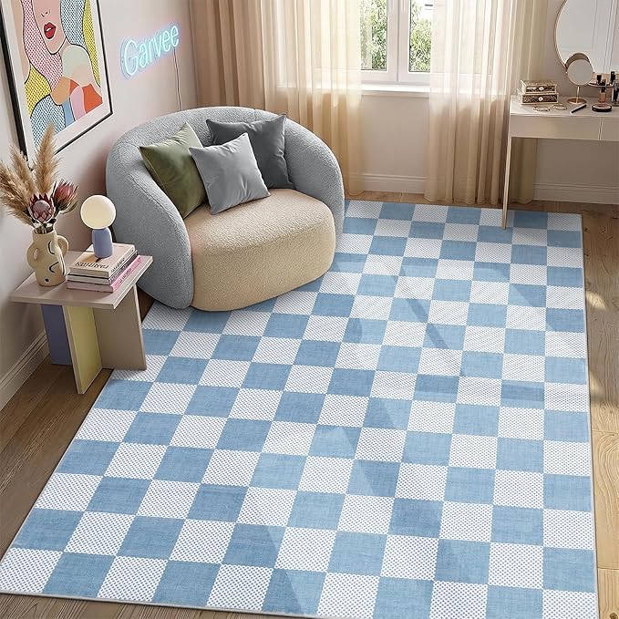 GarveeHome Checkered Light Blue and White 3x5 Washable Rug Geometric Diamond by GarveeHome