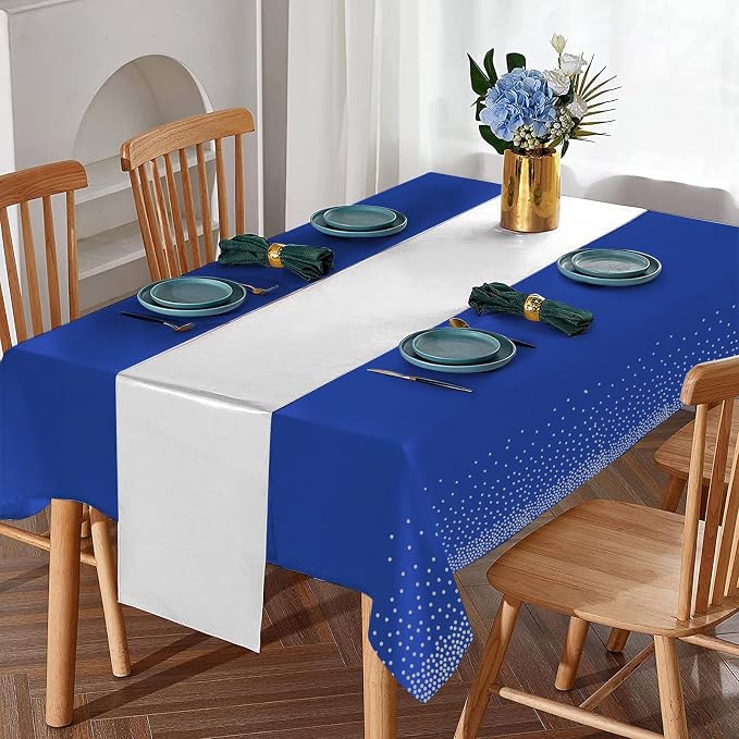 24Pack Disposable Plastic Tablecloths and Satin Table Runner Set Blue and - Image 4