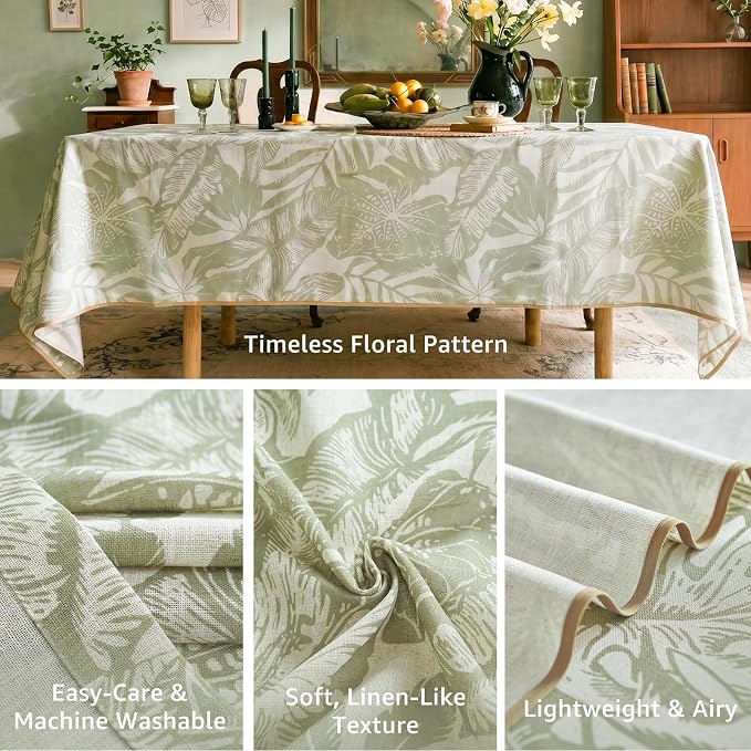 jinchan Green Tropical Floral Linen Rectangle Table Cloth 50x70 | Tropical - Image 3