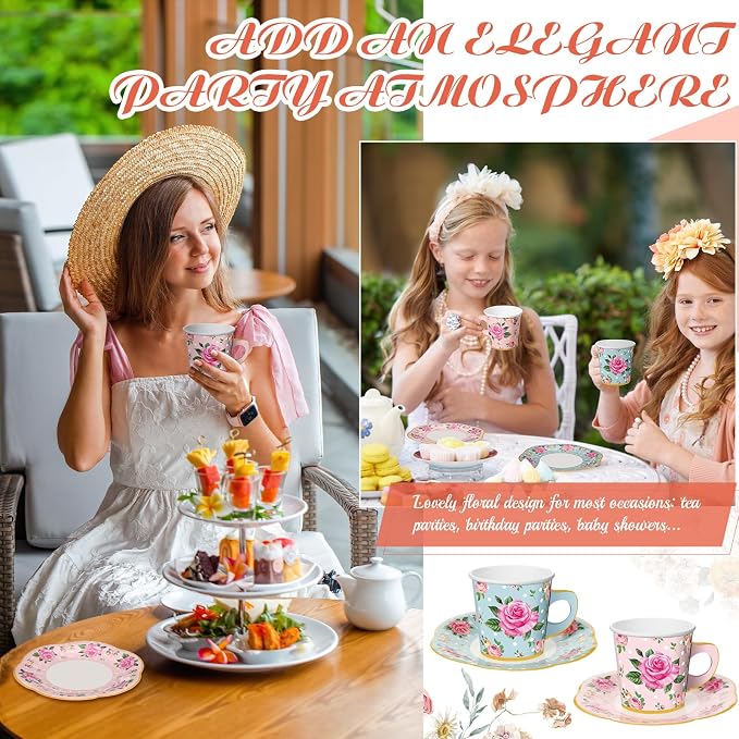 Umigy 36 Sets Floral Tea Party Decorations 6.5 oz Floral Paper Teacups & Saucer - Image 4