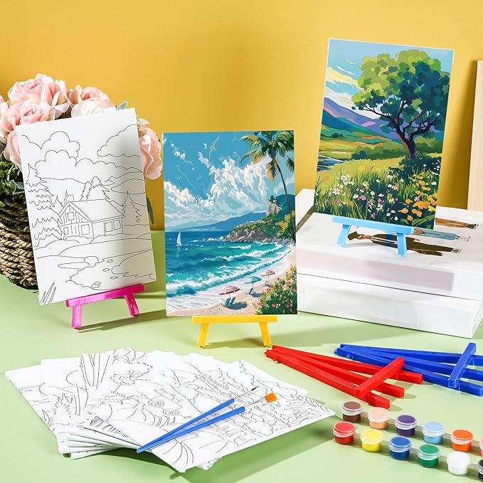 Blosssound 10 Set Pre Printed Canvas Pre Drawn Canvas Painting with Easel Kits 5" x 7" Outline Painting Panels for Beginners, DIY Craft Project, Party Favor, Home Decors(Four Seasons)
