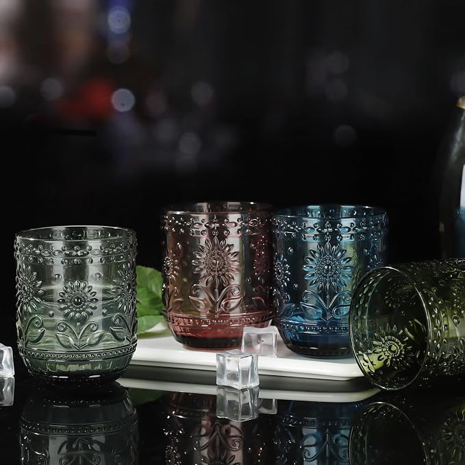 Joeyan Vintage Drinking Glasses, Embossed Floral Colored Glassware, Cocktail - Image 3