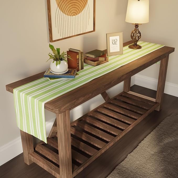 Encasa XO Table Runner, Woven Cotton Dining Runner 13"x94" Franca Lime Stripes - Image 2