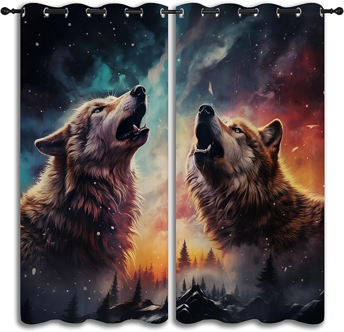 Fantasy Wolf Blackout Curtains for Boys Girl Bedroom Decor,Colorful Galaxy Misty Forest Wildlife Thermal Insulated Grommet Drapes Darkening Window Curtain for Living Room Home 55x63 inch