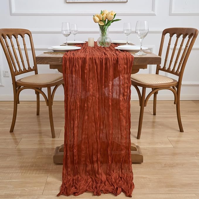 Asee'm 2pcs Terracotta Fall Cheesecloth Table Runner 10FT Boho Burnt Orange | - Image 6