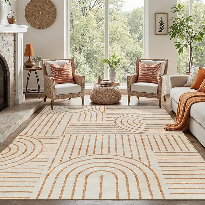 DCX Beige Machine Washable 8x10 Area Rugs, Midcentury Modern Non Slip Stain by DCXWashableRug
