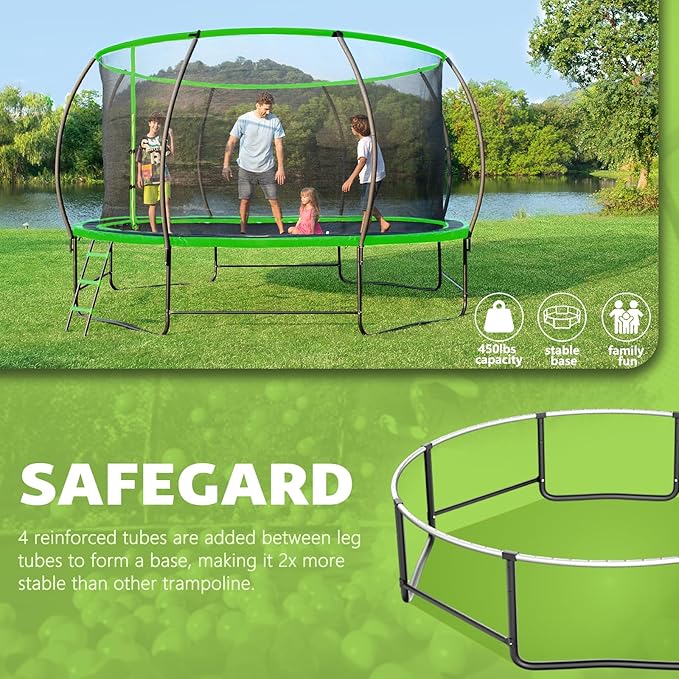 14FT 12FT 10FT 16FT Trampoline with Safety Enclosure, Anti-Rust Coating – ASTM Certified, Heavy-Duty Outdoor Trampoline with Ladder – for Kids & Adults