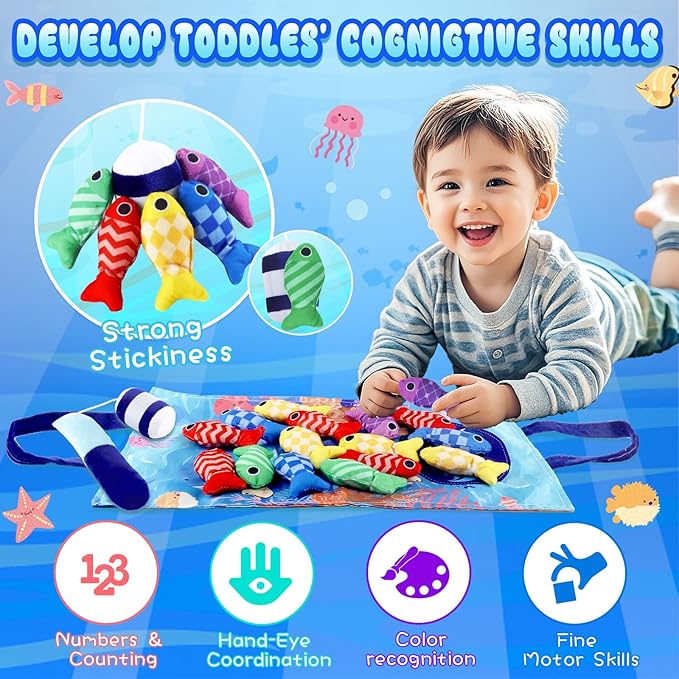 Montessori Fish Toys, 22 PCS Cloth Fishing Game for Toddlers 6 to 12 Months Girls Boys, Baby's Sensory Toy with Stacking Cups, Number Counting, Color Sorting, Fishing Game for Boy Girl Birthday Gift