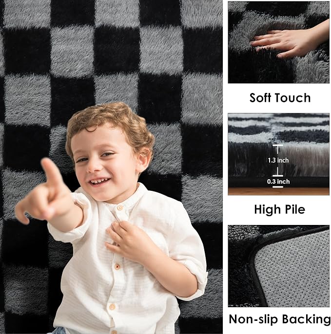 KICMOR 8x10 Area Rugs for Living Room, Large Fluffy Soft Black and Grey - Image 2