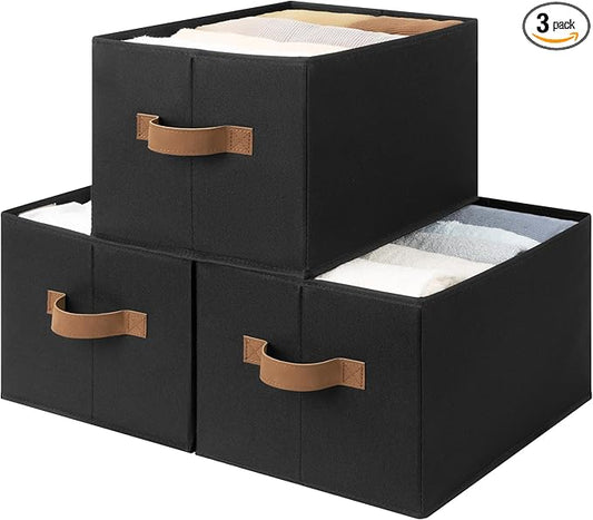 StorageWorks Storage Baskets for Shelves, Foldable Fabric Closet Storage Bins with Handles, Clothes Organizer Laundry Baskets, Black, 3-Pack, Large