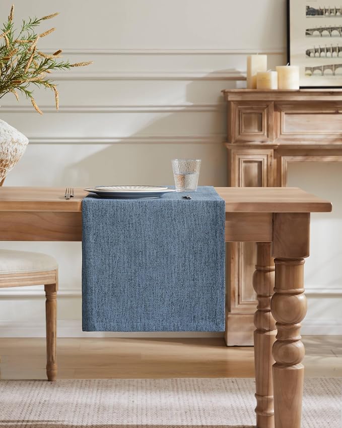 Burlap Style Farmhouse Table Runner, 14x72 Inches Blue | Thick Durable Fabric - Image 2